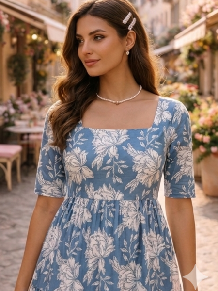 Elegant Blue Floral Midi Dress for Women