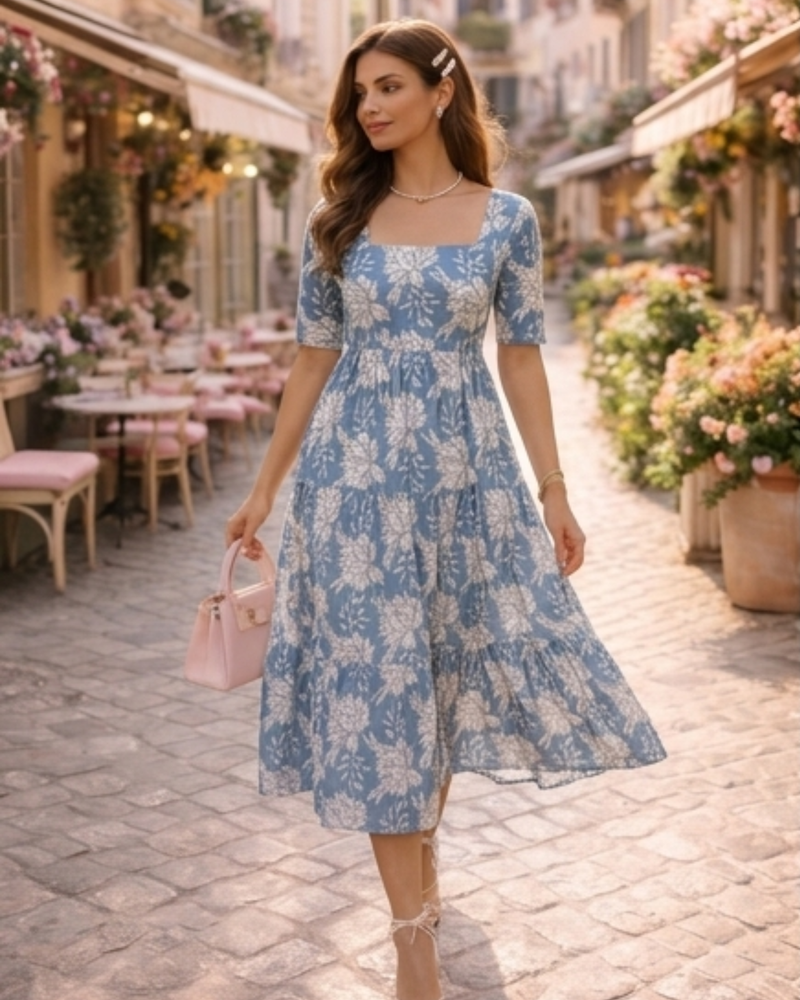 Elegant Blue Floral Midi Dress for Women
