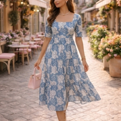 Elegant Blue Floral Midi Dress for Women