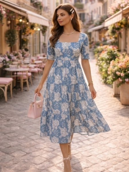 Elegant Blue Floral Midi Dress for Women