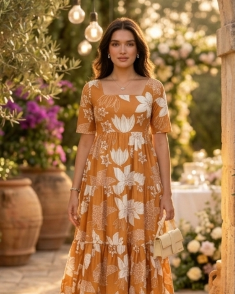 Elegant Mustard Floral Midi Dress for Women