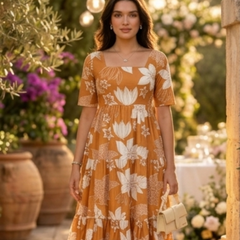 Elegant Mustard Floral Midi Dress for Women