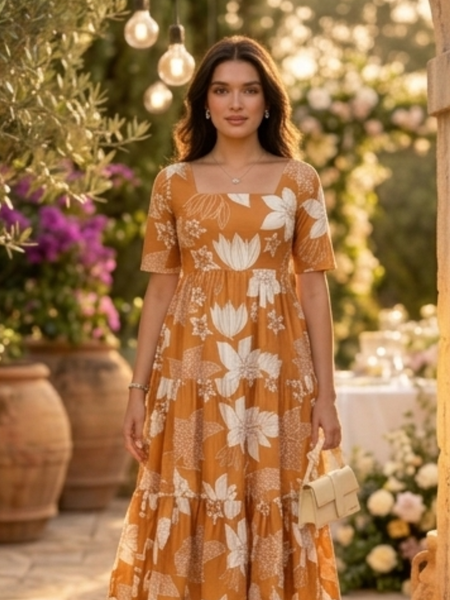 Elegant Mustard Floral Midi Dress for Women