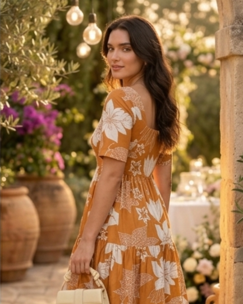 Elegant Mustard Floral Midi Dress for Women