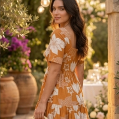 Elegant Mustard Floral Midi Dress for Women
