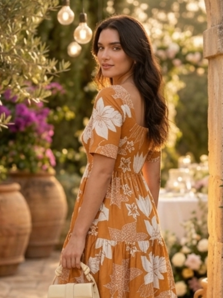 Elegant Mustard Floral Midi Dress for Women