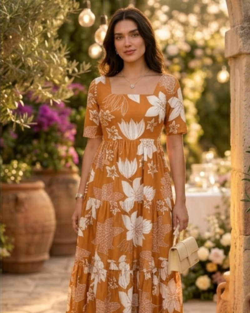Elegant Mustard Floral Midi Dress for Women