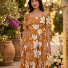 Elegant Mustard Floral Midi Dress for Women