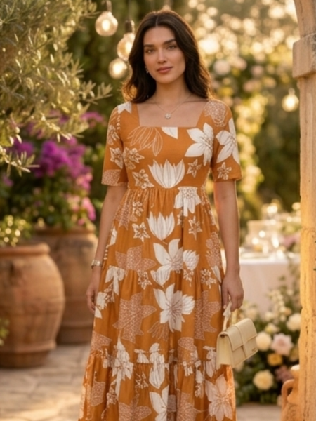 Elegant Mustard Floral Midi Dress for Women
