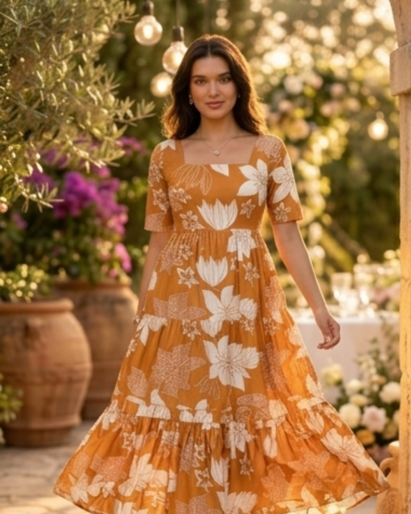 Elegant Mustard Floral Midi Dress for Women