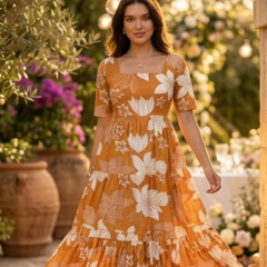 Elegant Mustard Floral Midi Dress for Women