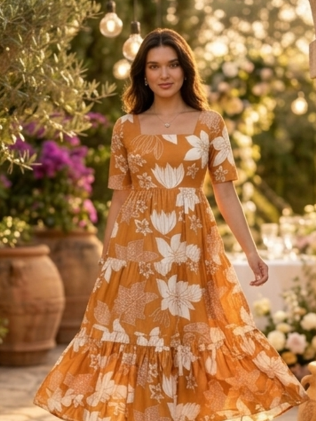 Elegant Mustard Floral Midi Dress for Women