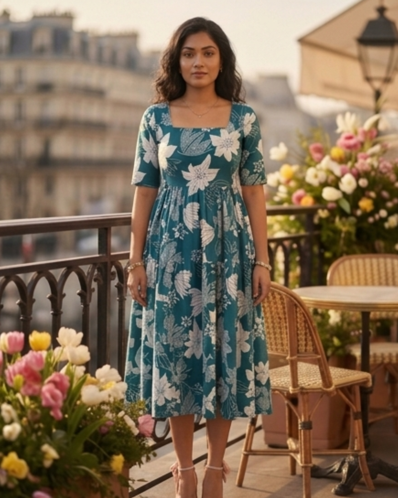 Elegant Teal Floral Midi Dress for Women