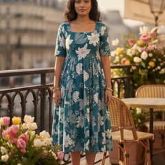 Elegant Teal Floral Midi Dress for Women