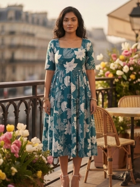 Elegant Teal Floral Midi Dress for Women