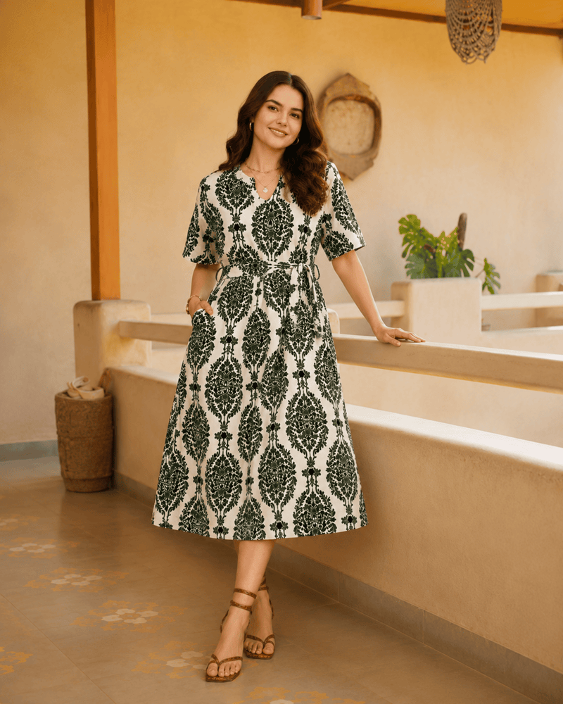 Women's Green Printed Rayon Midi Dress | V-Neck Casual A-Line Dress