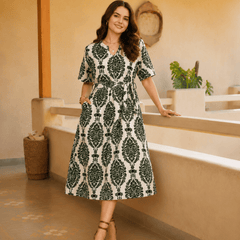 Women's Green Printed Rayon Midi Dress | V-Neck Casual A-Line Dress