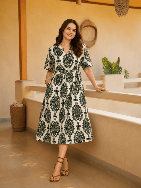 Women's Green Printed Rayon Midi Dress | V-Neck Casual A-Line Dress