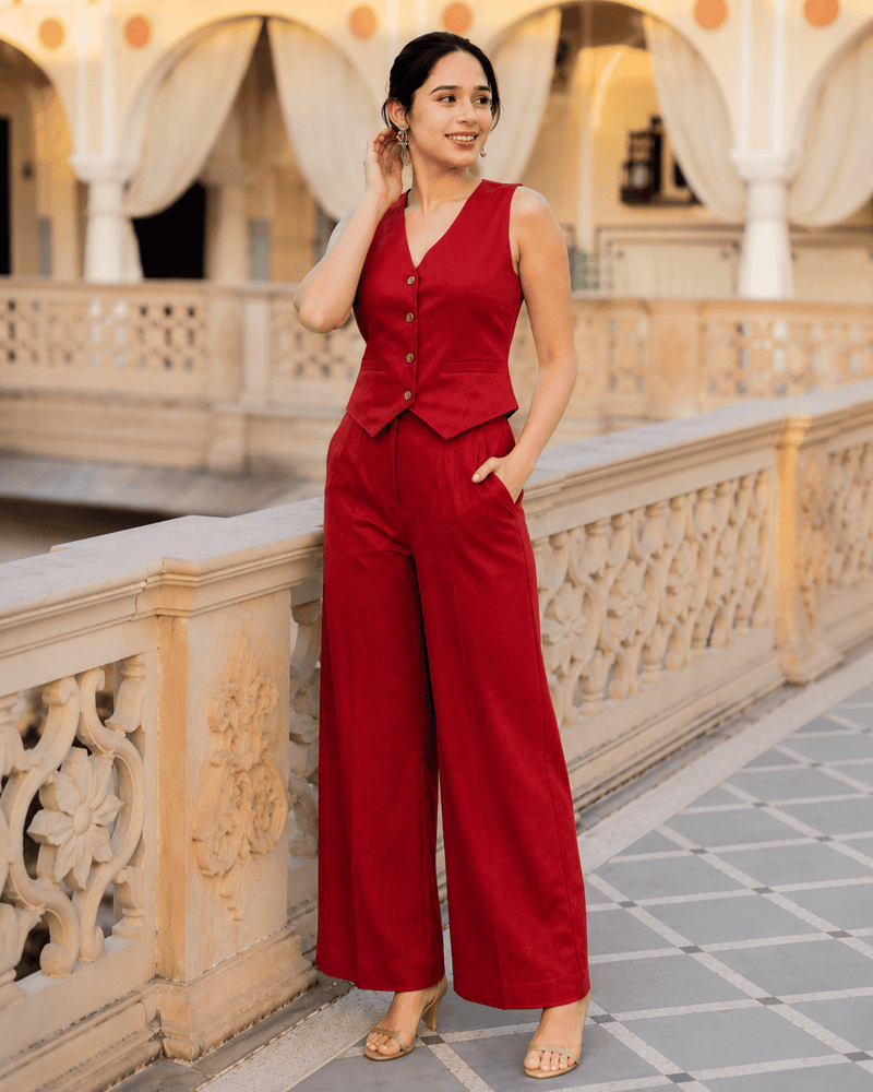 Women's Red Cotton Flex Sleeveless Co-Ord Set | Casual & Stylish Outfit