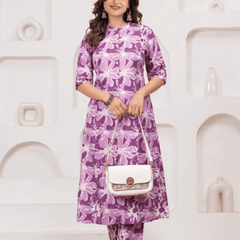 Women's Purple Floral Printed Rayon Kurta Set | Elegant Casual & Ethnic Wear