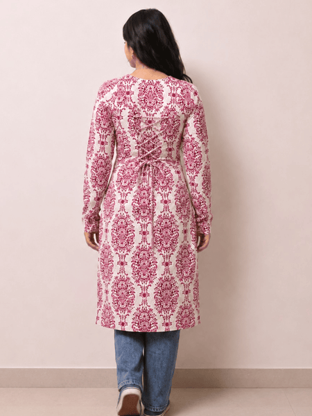 Women's Pink Printed Rayon Long Kurti | Square Neck Casual Ethnic Wear