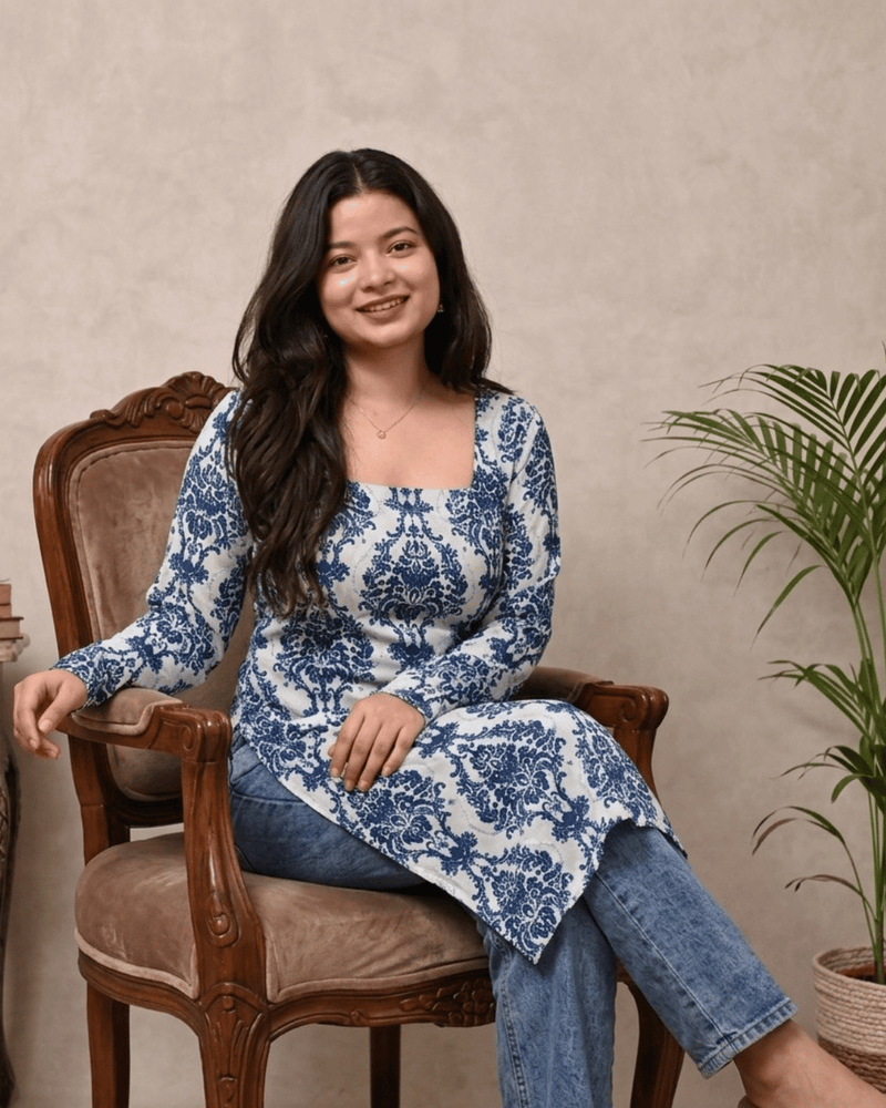 Women's Blue Printed Rayon Long Kurti | Square Neck Casual Ethnic Wear