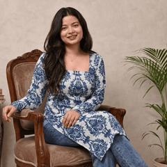 Women's Blue Printed Rayon Long Kurti | Square Neck Casual Ethnic Wear