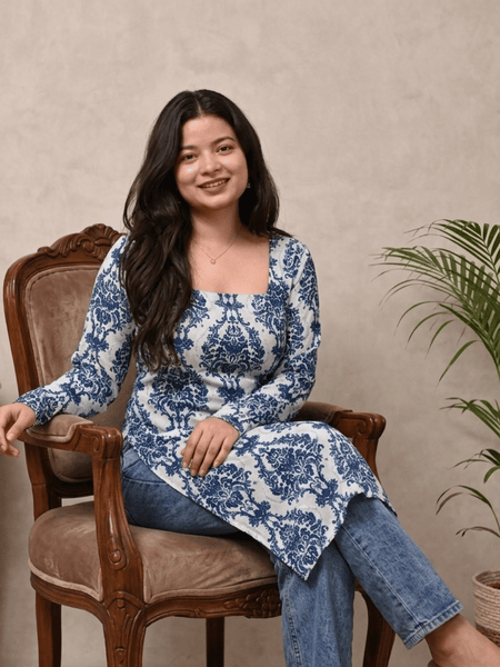 Women's Blue Printed Rayon Long Kurti | Square Neck Casual Ethnic Wear