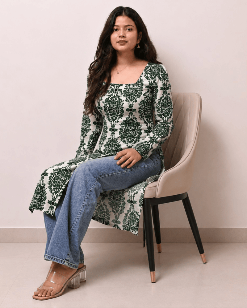 Women's Green Printed Rayon Long Kurti | Square Neck Casual Ethnic Wear