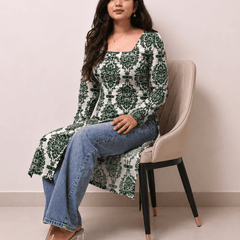 Women's Green Printed Rayon Long Kurti | Square Neck Casual Ethnic Wear