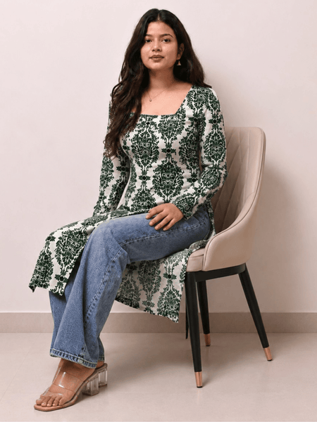 Women's Green Printed Rayon Long Kurti | Square Neck Casual Ethnic Wear