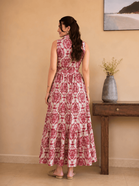 Women's Wine Printed Sleeveless  Dress | Elegant Casual Dress