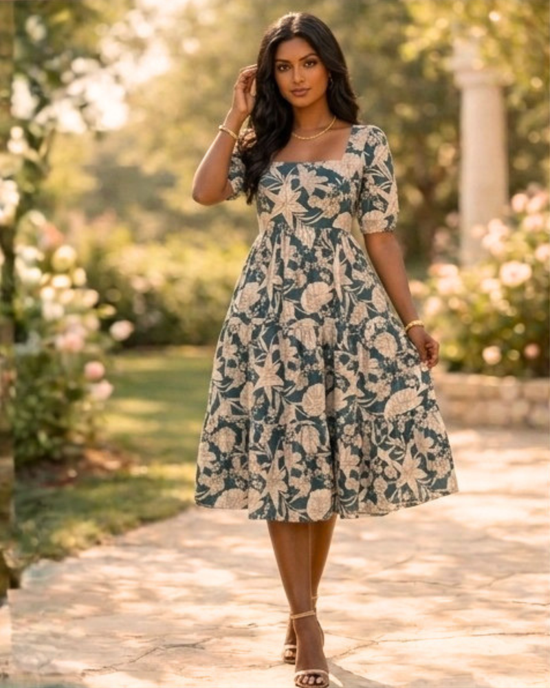 Vintage Bloom Square Neck Midi Dress