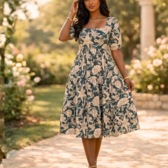 Vintage Bloom Square Neck Midi Dress