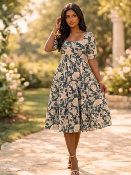 Vintage Bloom Square Neck Midi Dress