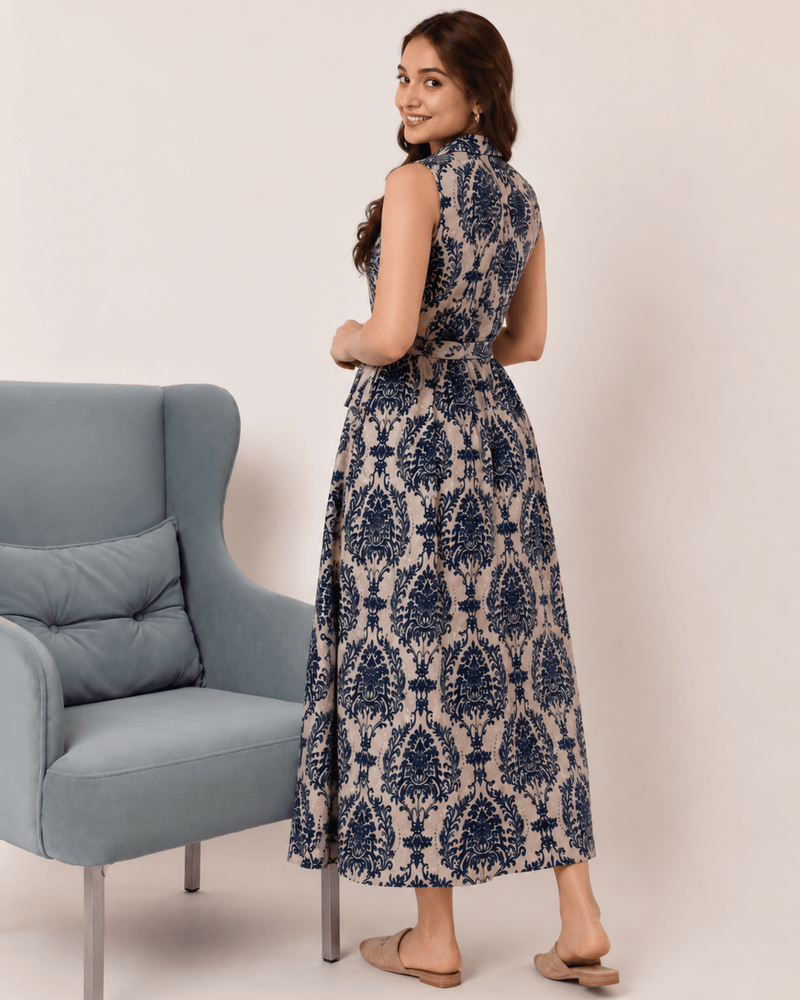 Women's Blue Printed Sleeveless  Dress | Elegant Casual Dress