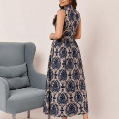 Women's Blue Printed Sleeveless  Dress | Elegant Casual Dress