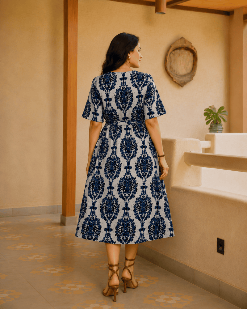 Women's Blue Printed Rayon Midi Dress | V-Neck Casual A-Line Dress