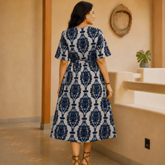 Women's Blue Printed Rayon Midi Dress | V-Neck Casual A-Line Dress
