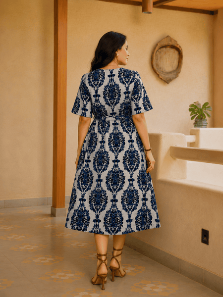 Women's Blue Printed Rayon Midi Dress | V-Neck Casual A-Line Dress