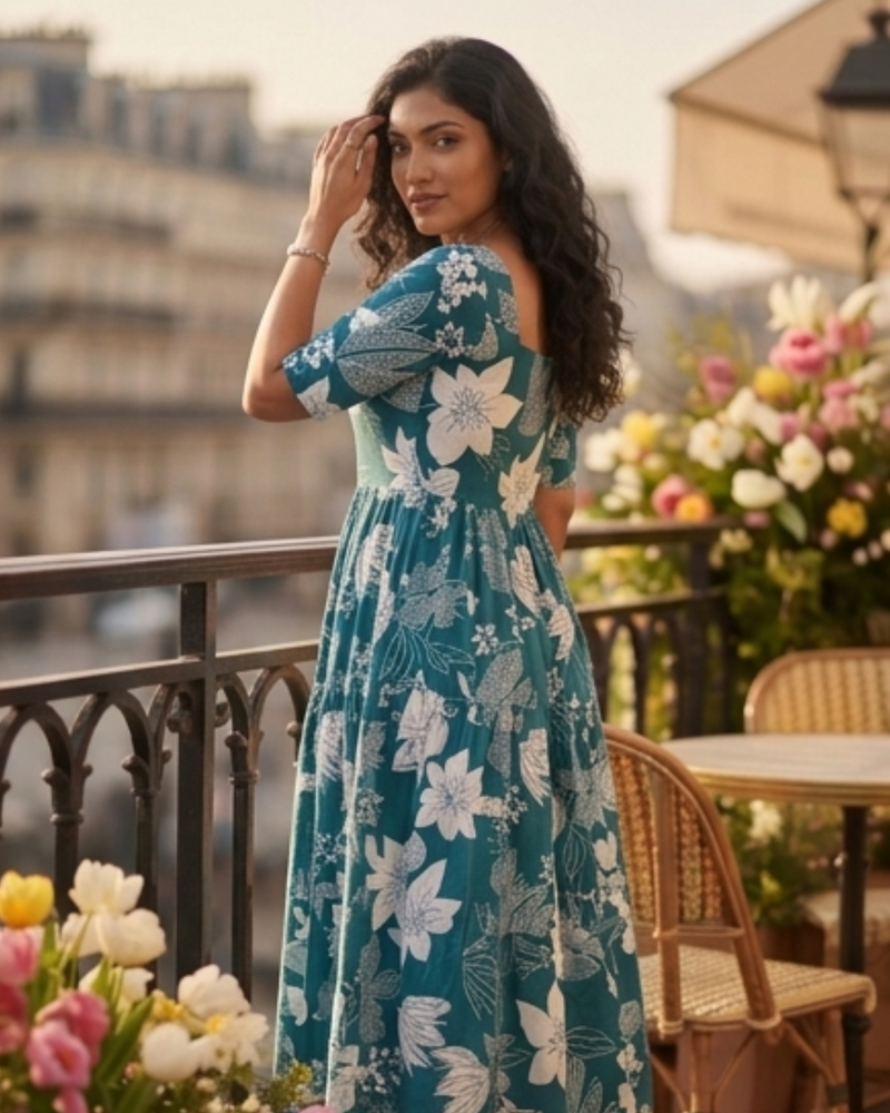 Elegant Teal Floral Midi Dress for Women