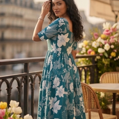 Elegant Teal Floral Midi Dress for Women