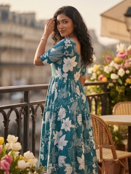 Elegant Teal Floral Midi Dress for Women