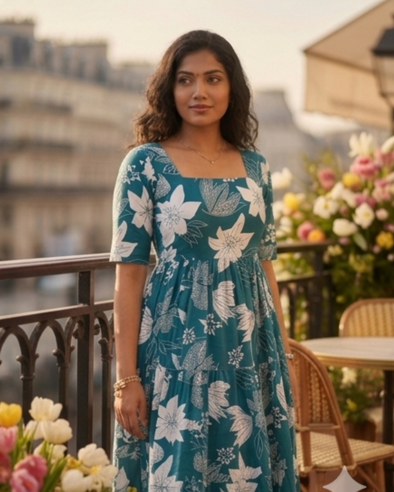 Elegant Teal Floral Midi Dress for Women