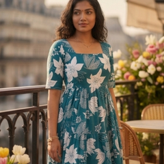 Elegant Teal Floral Midi Dress for Women