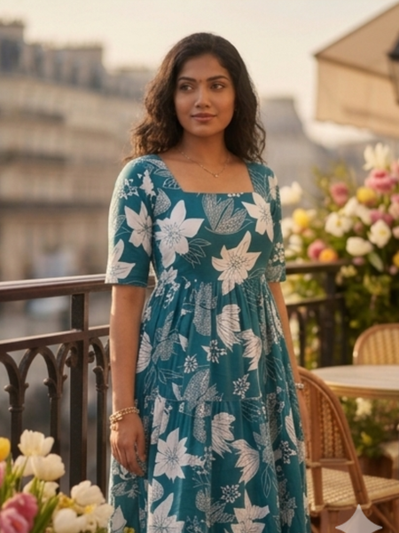 Elegant Teal Floral Midi Dress for Women