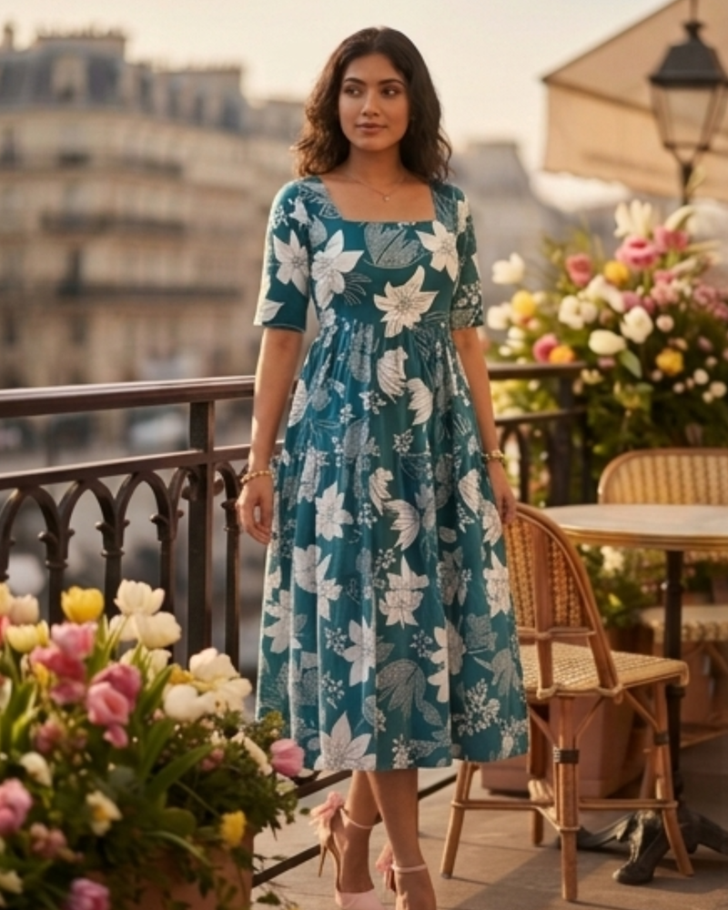 Elegant Teal Floral Midi Dress for Women