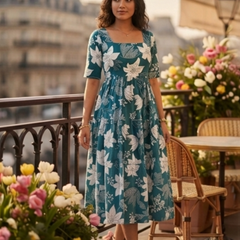 Elegant Teal Floral Midi Dress for Women