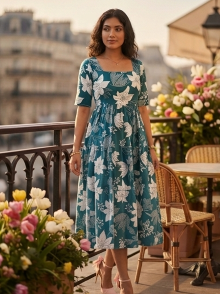 Elegant Teal Floral Midi Dress for Women