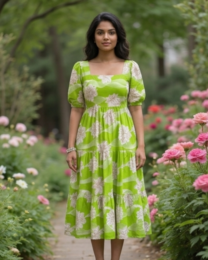 Elegant Lime Green Floral Midi Dress for Women
